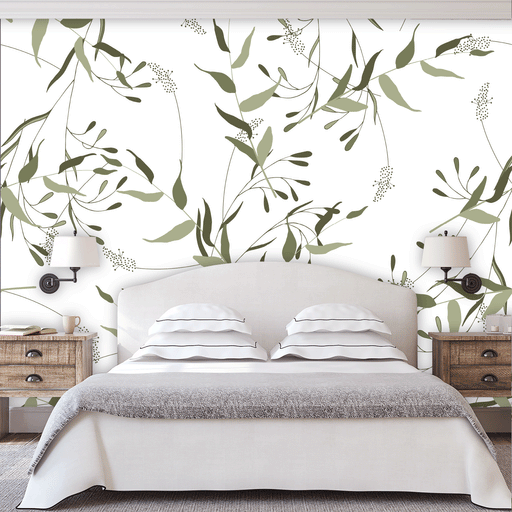 Secret Garden mural has large spacious green leaves on white background, Custom Wallpaper Design