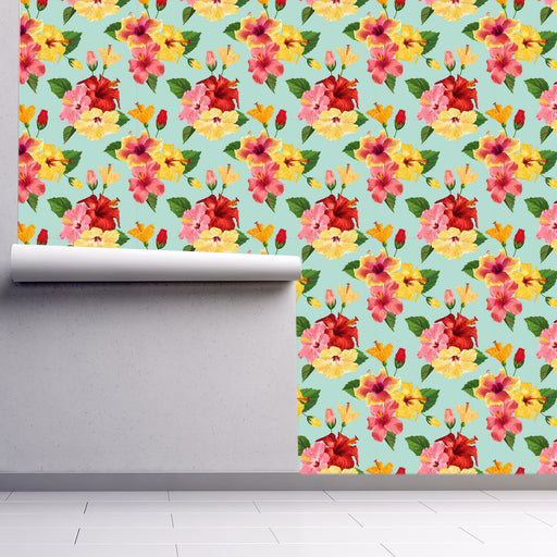 Tropicale wallpaper with Yellow, Pink and Red Hibiscus on turquoise background, Custom Wallpaper Design