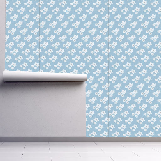 Eternal Petals with a cluster of 3 white flowers on soft blue background, Custom Wallpaper Design