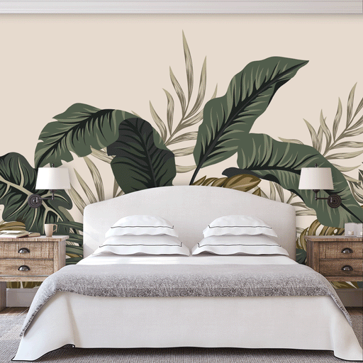 Swaying Palmscape mural with large palm leaves tropical leaves on cream background, Custom Wallpaper Design