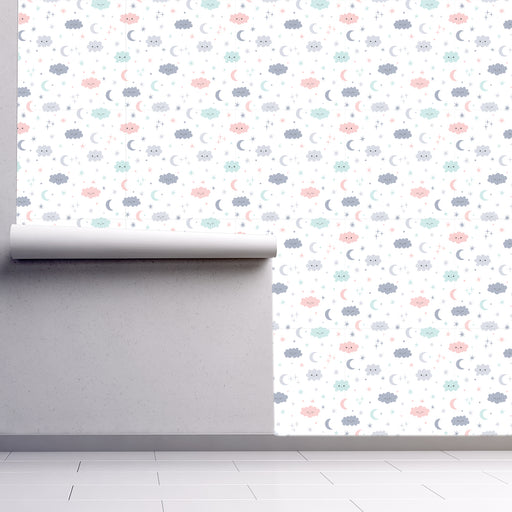 Goodnight Moon, Colorful Moons, Clouds and Stars, Custom Wallpaper Design