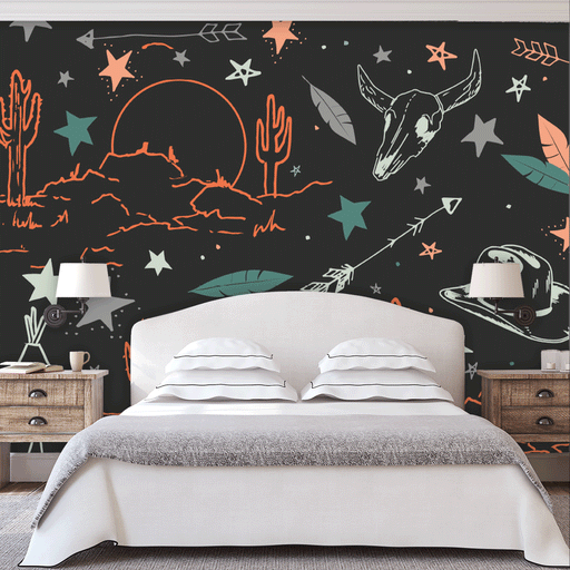 Wild West mural with illustrations of desert, cow skull and cowboy hat, Custom Wallpaper Design