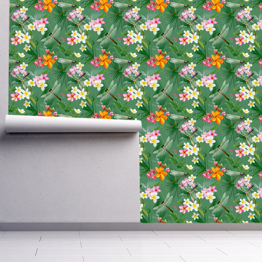 Dragonfly Dreams wallpaper with orange, pink and white flowers on green background, Custom Wallpaper Design