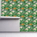 Dragonfly Dreams wallpaper with orange, pink and white flowers on green background, Custom Wallpaper Design