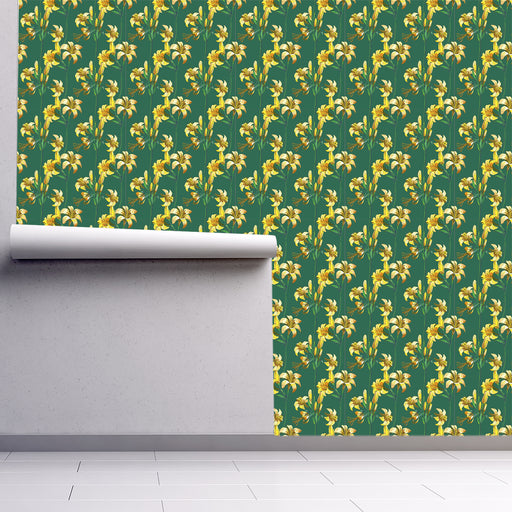 Blooming Beauty with yellow tiger lilies on green background wallpaper, Custom Wallpaper Design