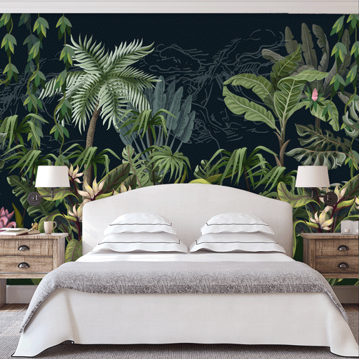 Edens Embrace mural with tropical plants, vines and palm tree on black background, Custom Wallpaper Design
