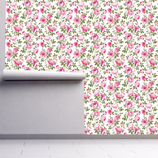 Pretty in Pink wallpaper with pink flowers on off white background, Custom Wallpaper Design