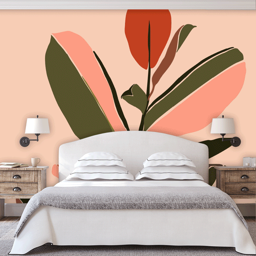 Tiki Tropics  mural is modern style red lily with green and pink leaves, Custom Wallpaper Design