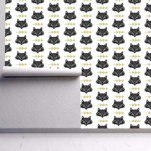 The Fancy Fox, Black Fox Heads on a cream background, Custom Wallpaper Design