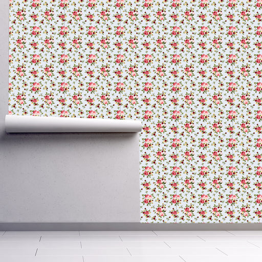 Vibrant Wildflowers of red and pink flower bouquets on pale blue background wallpaper, Custom Wallpaper Design