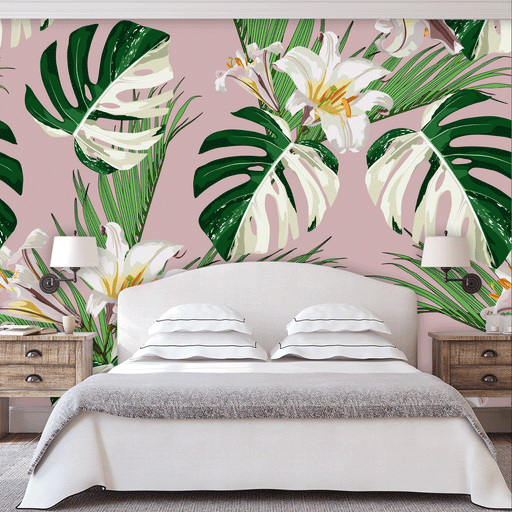 Beachside Breeze mural of tropical leaves and white lilies on lavender background, Custom Wallpaper Design