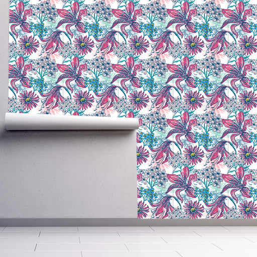 Exotic Floral Oasis with lilies, daisies and forget me not flowers in pinks and green, Custom Wallpaper Design