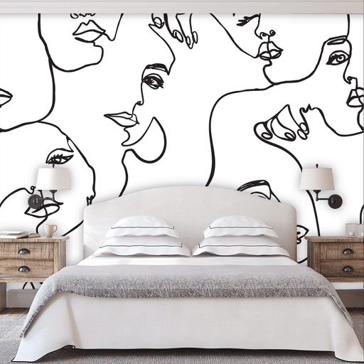 Human Canvas mural with illustrated faces continuous line on white background, Custom Wallpaper Design