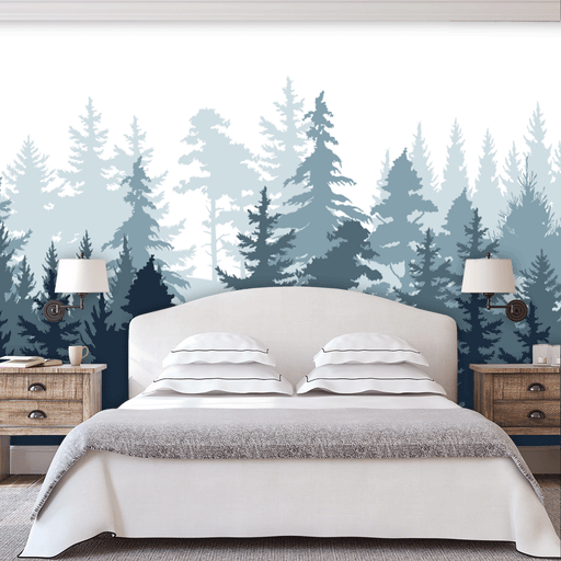 Mystical Woodlands mural with an illustrated teal pine tree forest on white background, Custom Wallpaper Design