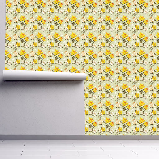Hellow Yellow! Yellow Daffodils and white flowers on light green background wallpaper, Custom Wallpaper Design