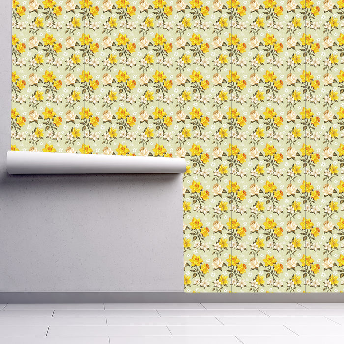 Hellow Yellow! Yellow Daffodils and white flowers on light green background wallpaper, Custom Wallpaper Design