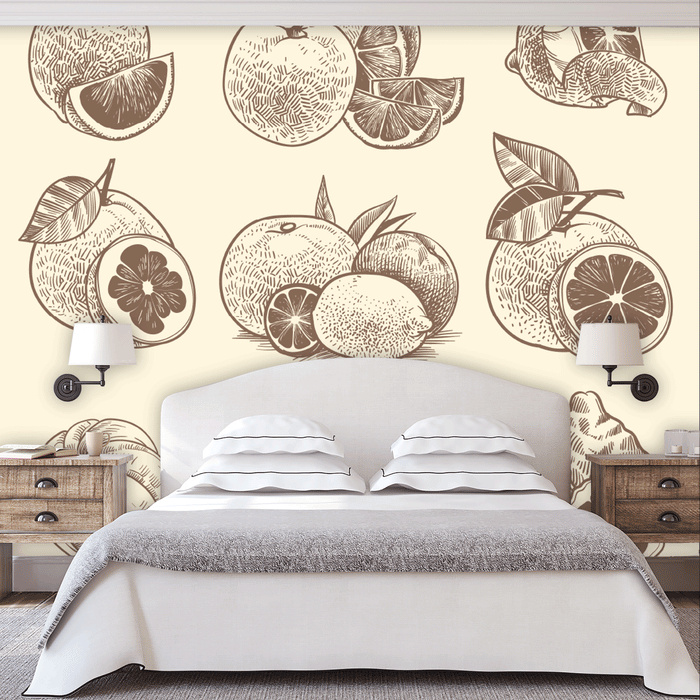 Orange Oasis mural with brown illustrated cut oranges and lemons on cream background, Custom Wallpaper Design