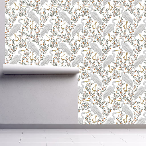 Swan Lake wallpaper with white birds and berry sprays, Custom Wallpaper Design