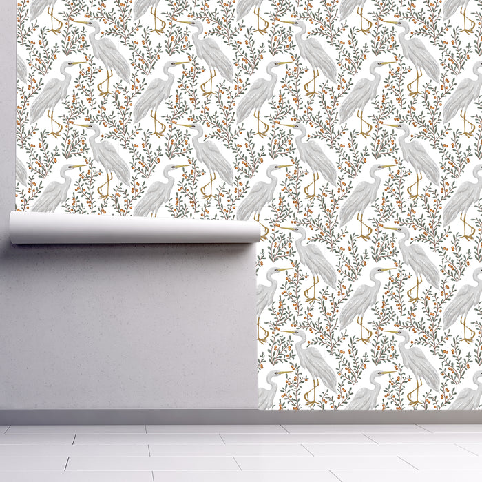 Swan Lake wallpaper with white birds and berry sprays, Custom Wallpaper Design