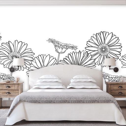 Botanical Tapestry mural of illustrated outlined gerbera daisies on white background, Custom Wallpaper Design