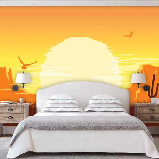 Scorching Sunset mural has a desert view with bright yellow sun setting, Custom Wallpaper Design