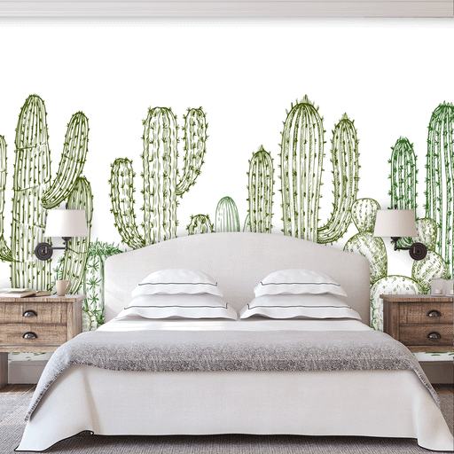 Coupled up Cacti mural with green illustrated cacti on white background, Custom Wallpaper Design