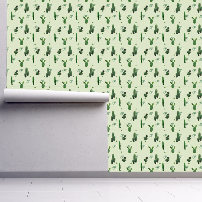 Cactus Trails wallpaper with an assortment of cacti and geometric design, Custom Wallpaper Design