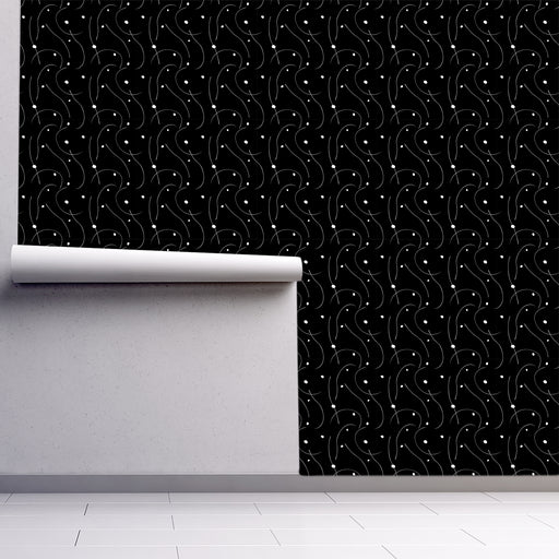 Midnight Swoosh has whimsical lines and dots on black background, Custom Wallpaper Design
