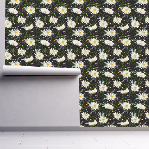 Dancing Daisy's wallpaper with white daisies on dark brown background, Custom Wallpaper Design