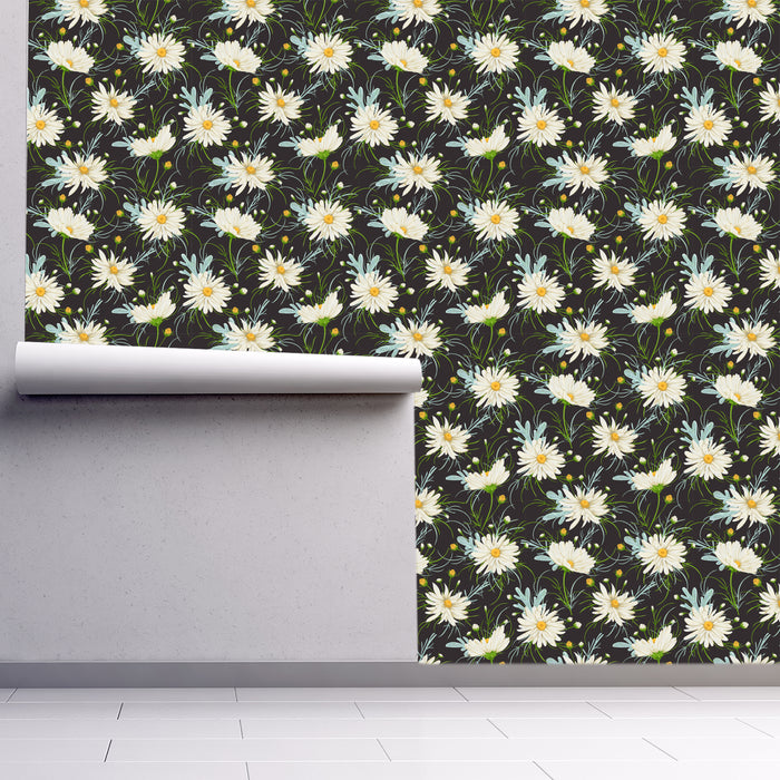 Dancing Daisy's wallpaper with white daisies on dark brown background, Custom Wallpaper Design