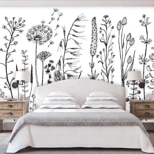 Dandelion Dreams Mural with large outline illustrations of dandelions, flowers and thistles on white background, Custom Wallpaper Design