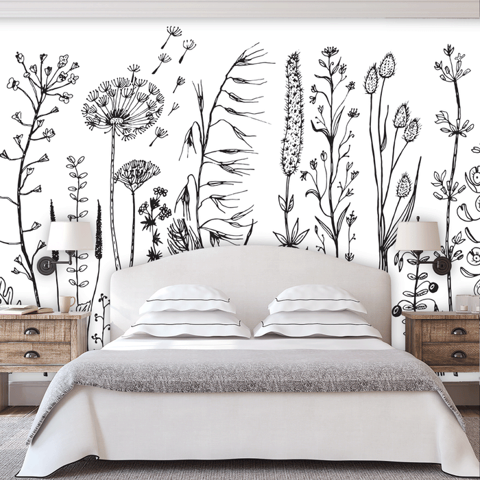 Dandelion Dreams Mural with large outline illustrations of dandelions, flowers and thistles on white background, Custom Wallpaper Design