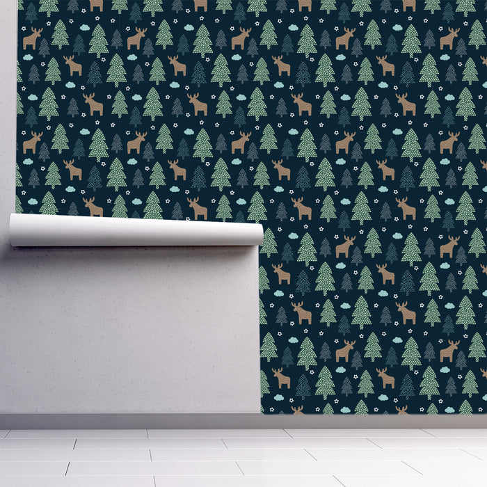 Into the Woods, Green Pine Trees, Moose, Custom Wallpaper Design