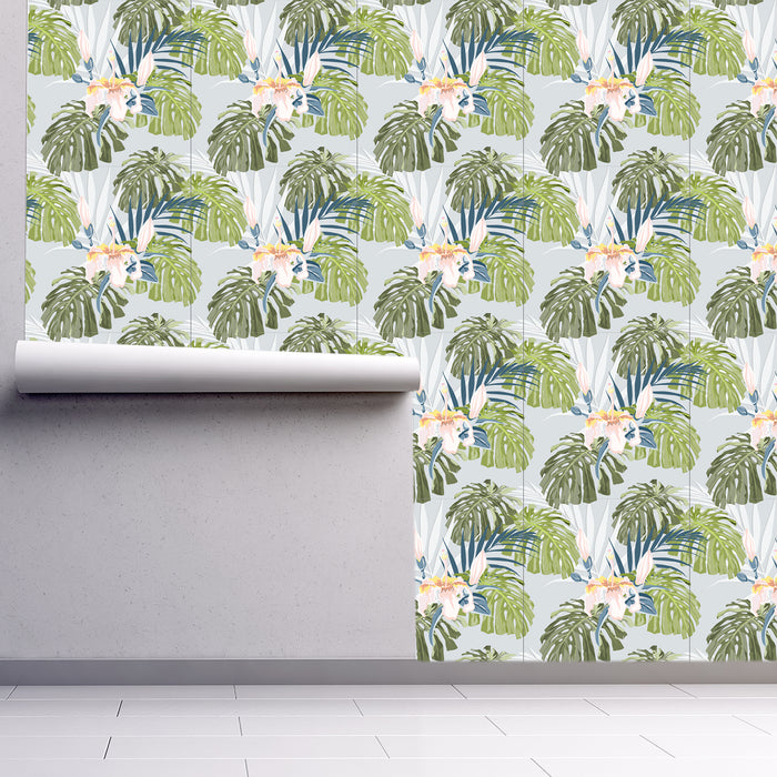 Island Bloom Delight with flowers and tropical plants, Custom Wallpaper Design