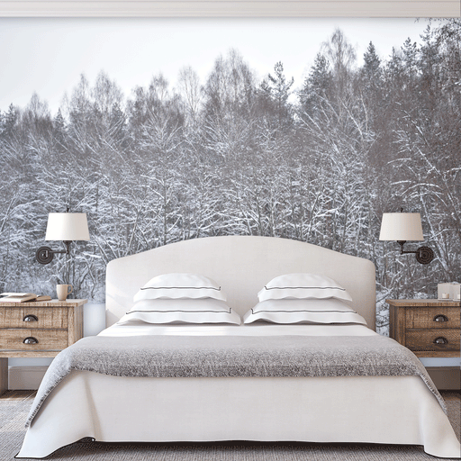 Wintery Forest mural with snow topped trees, Custom Wallpaper Design