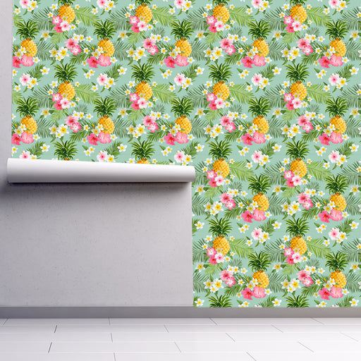 Pineapple Tropics wallpaper with pineapple and tropical flowers on light green background, Custom Wallpaper Design