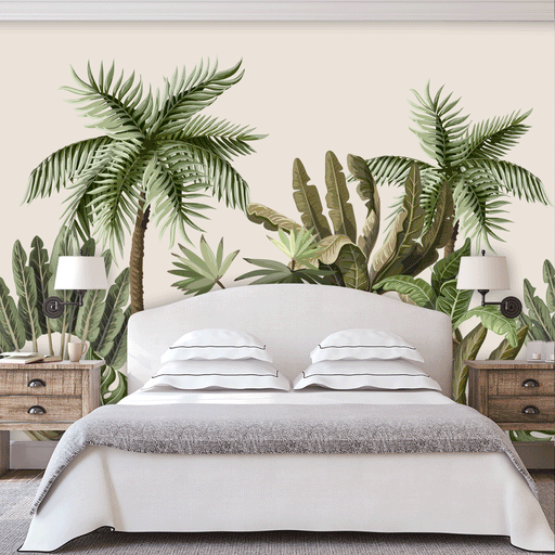 Island Escape mural with illustrated tropical plants and palm trees on white background, Custom Wallpaper Design