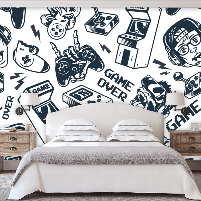 Game Over mural is gaming elements and video games on white background, Custom Wallpaper Design