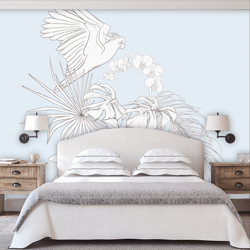 Tropicana Dreams mural an illustrated parrot flying over tropical plants and orchid on light blue background, Custom Wallpaper Design