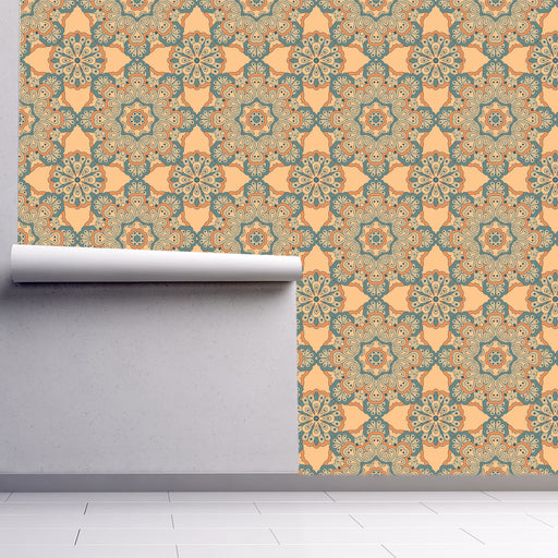 Calming Mandala wallpaper with geometric design of 70s style in orange and teal, Custom Wallpaper Design