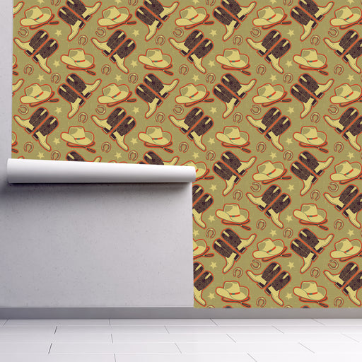 Saddle Up!, Brown and Beige Cowboy Boots and Hats, Custom Wallpaper Design