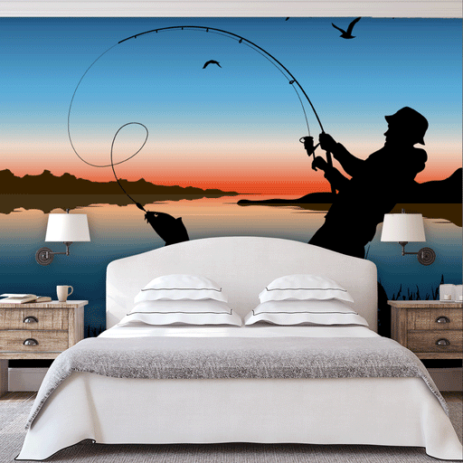 Fishing Friendsy mural of a fly fisherman on a river bank at sunset, Custom Wallpaper Design