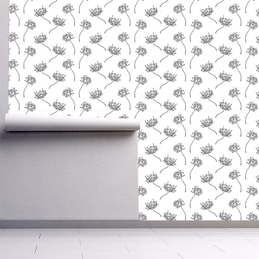 Thin Lined Stems wallpaper with black illustrated delicate flowers on white background, Custom Wallpaper Design