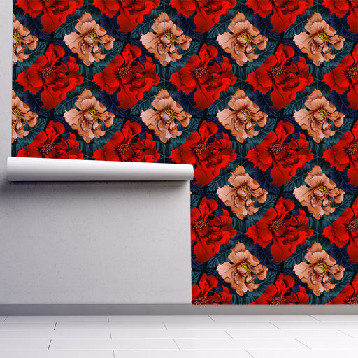 Radiant Rose wallpaper with beautiful large red and pink roses, Custom Wallpaper Design