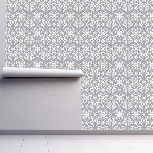 The Gray Repeat wallpaper with a geometric white design on gray background, Custom Wallpaper Design
