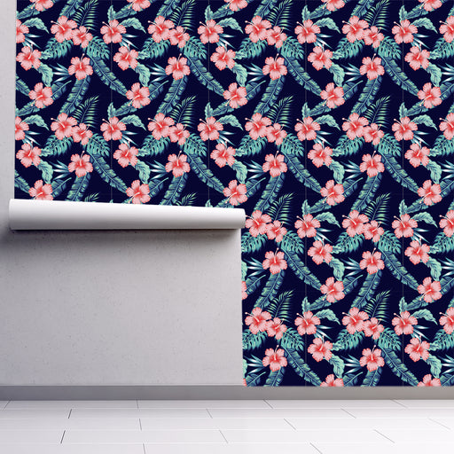 Jungle Floral Fusion Wallpaper, pink hibiscus and green tropical leaves, Custom Wallpaper Design