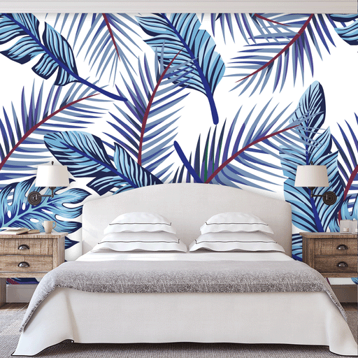 Lush Tropics mural with ferns and tropical leaves in hues of blue on white background, Custom Wallpaper Design
