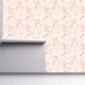 Flower Field Outline wallpaper with modern style pink flowers on cream background, Custom Wallpaper Design