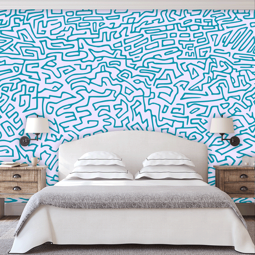 Maze of Mystery mural with teal geometric lines on white background, Custom Wallpaper Design