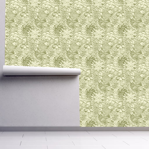 Overgrown Floral Field wallpaper with illustrated green flowers on cream background, Custom Wallpaper design